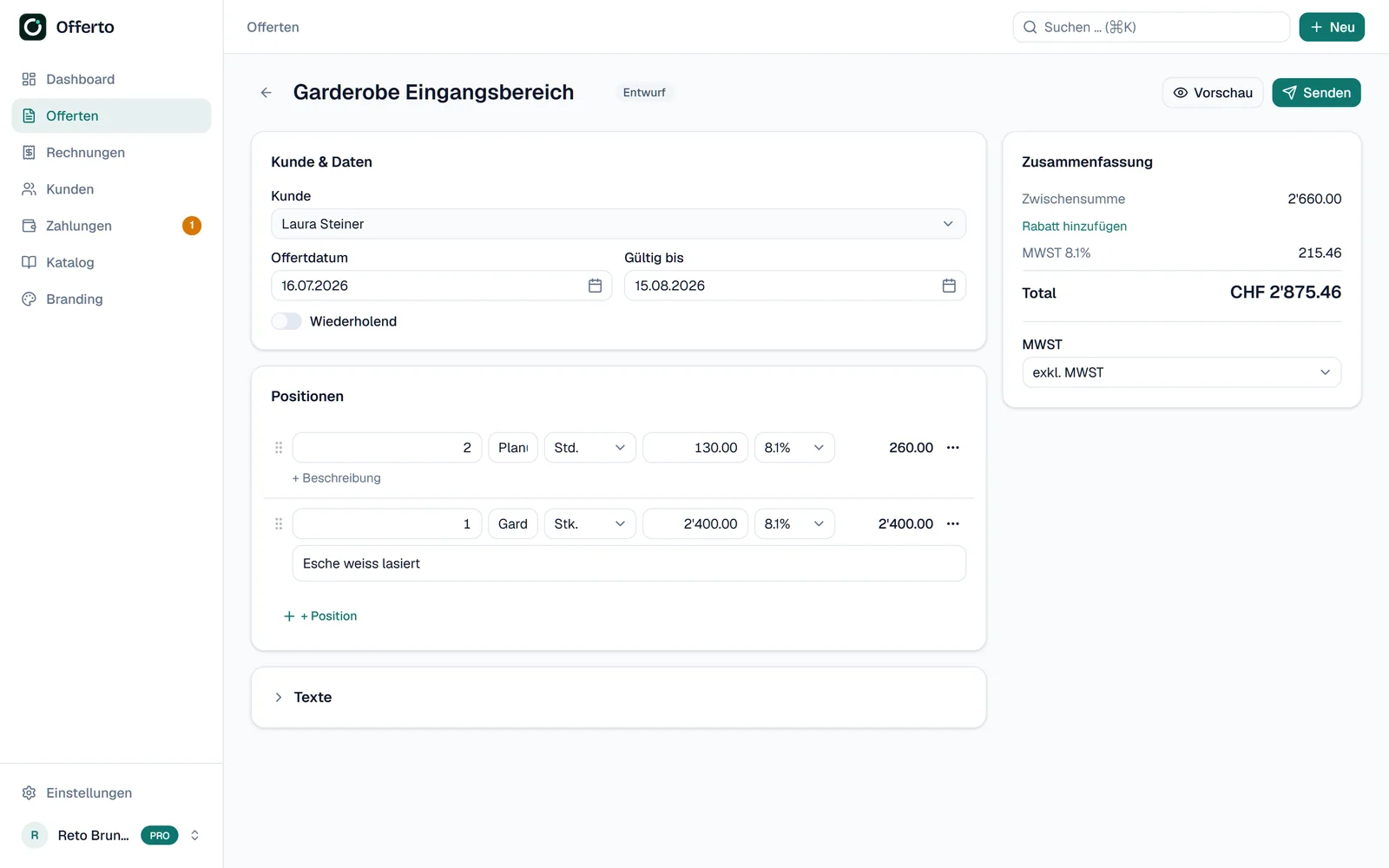 Offerten-Editor mit Positionen, Live-Zusammenfassung und MwSt.-Berechnung